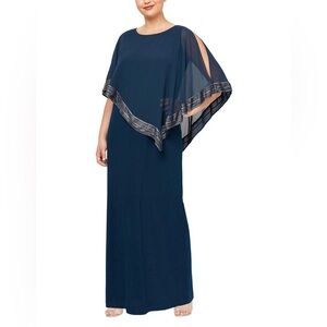 Jersey Column Dress with Asymmetrical Chiffon Cape Overlay W/Metallic Trim
